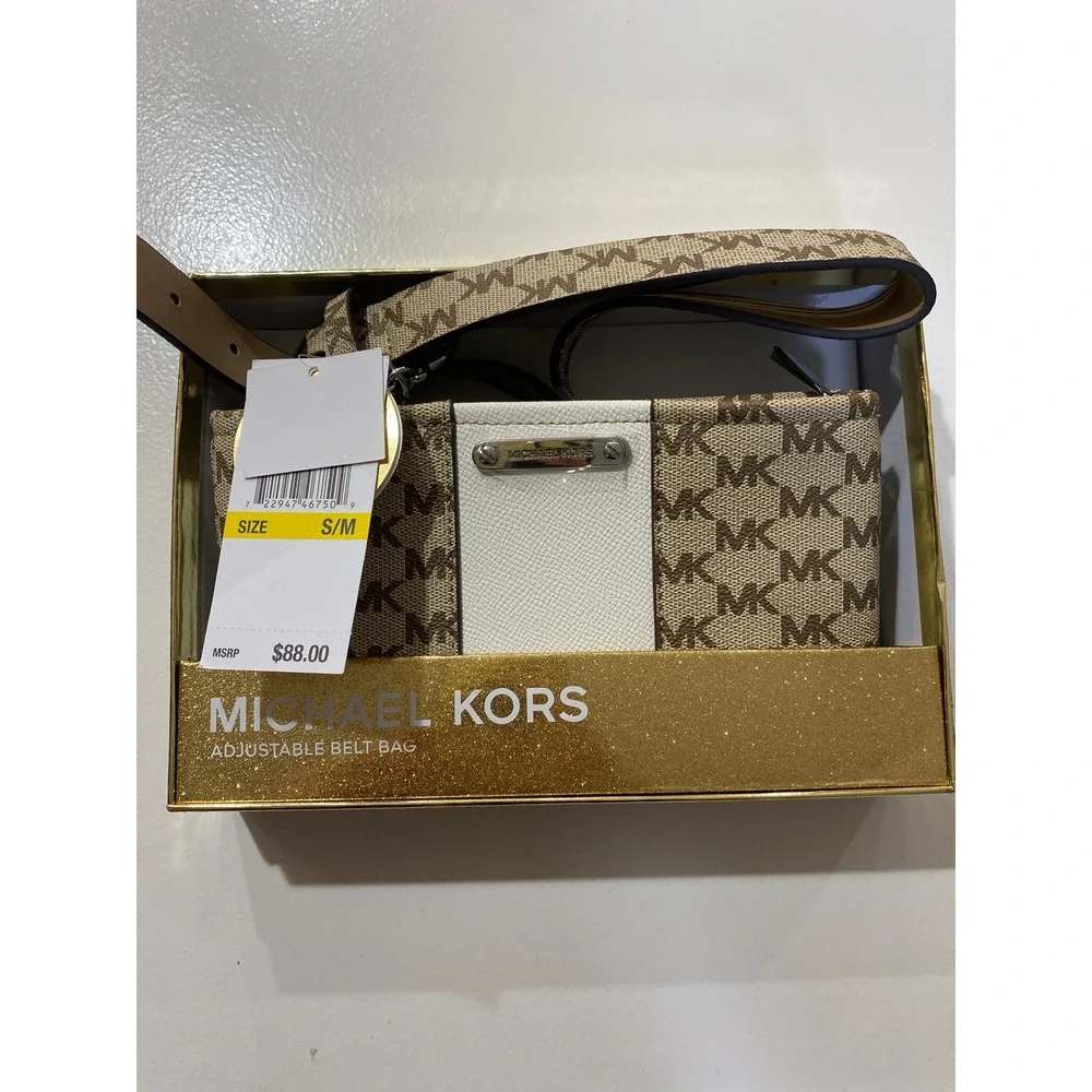 Michael Kors Brown Monogram White Panel Adjustable Belt Bag Fanny Pack S/M NEW